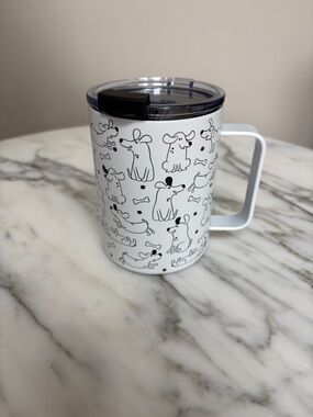 White Stainless Steel Travel Mug with Playful Black Dog Pattern and Clear Lid